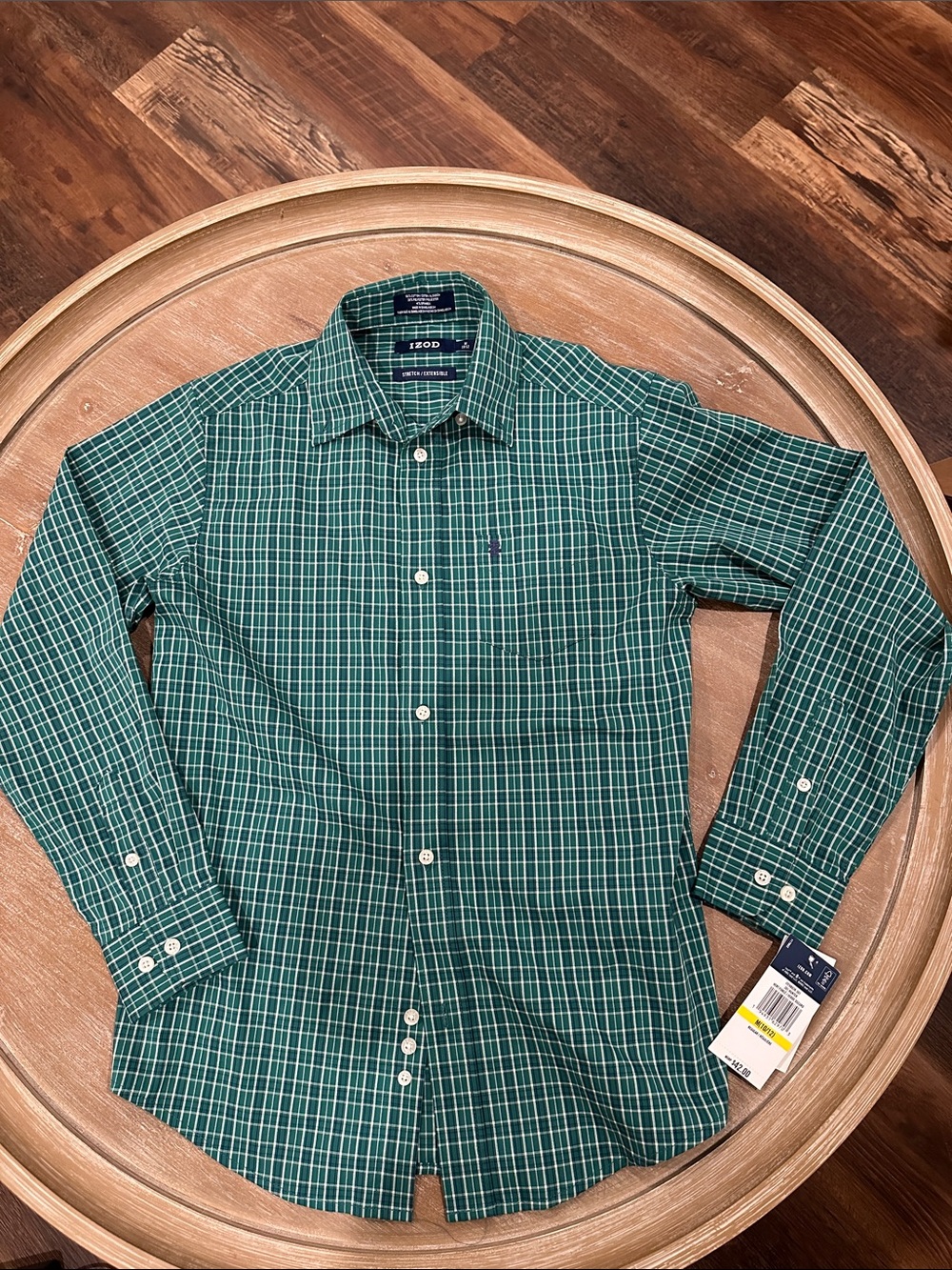 NWT Izod Boy's Stretch Plaid Button-Down Shirt Green Medium 10/12